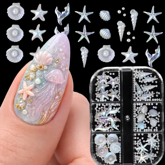 6 grilles de breloques pour ongles en forme de coquillages nacrés
