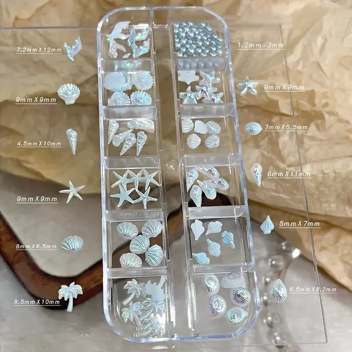 Boîte de 12 compartiments – Breloques 3D pour ongles bleues et blanches, coquillages, étoiles de mer