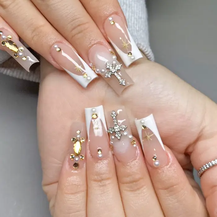 Décoration d'ongles vintage en forme de croix dorée et argentée, strass en alliage, style métal y2k,