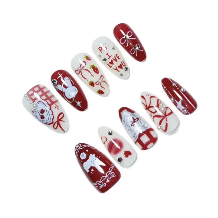 30 pièces papillon dessin animé lapin presse sur ongles moyen amande faux vin rouge amande strass pe