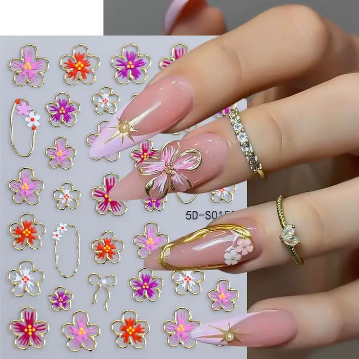 1 feuille d'autocollants 5D gaufrés tournesol pour ongles, motifs floraux mignons printemps-été, déc