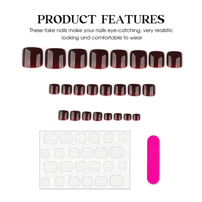 24 faux ongles de pied couleur rouge bordeaux