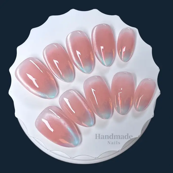 10 faux ongles faits à la main, rose nude dégradé aurora, forme ovale, style doux, portables et réut