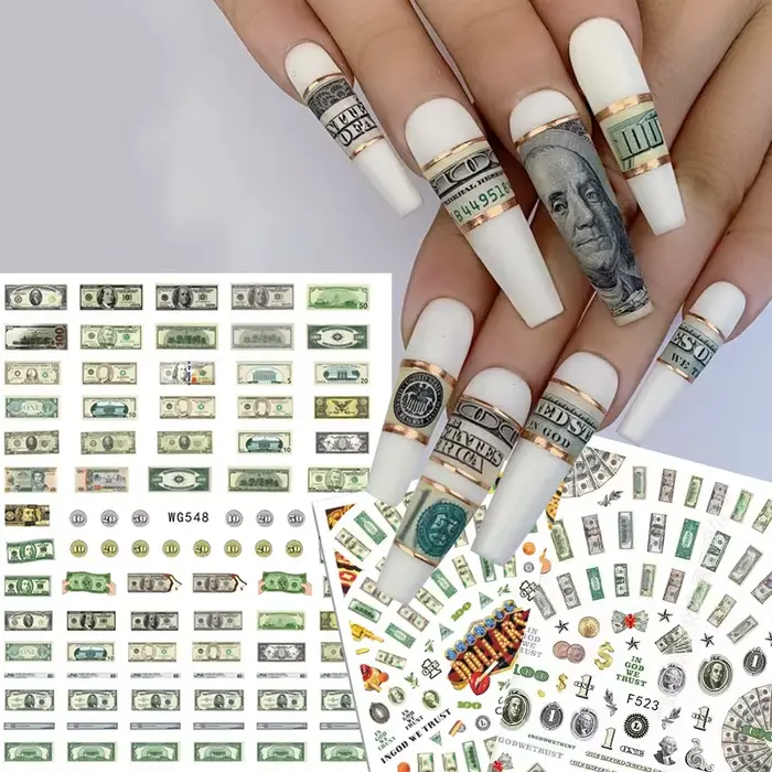 Autocollants 3D en forme de Dollar d'argent pour Nail Art, décalcomanies auto-adhésives de Style ric