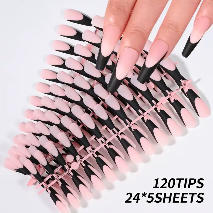Faux-ongles en Gel français noir, 120 pièces, longs cercueil mats, à pression, 12 tailles, pré-durab