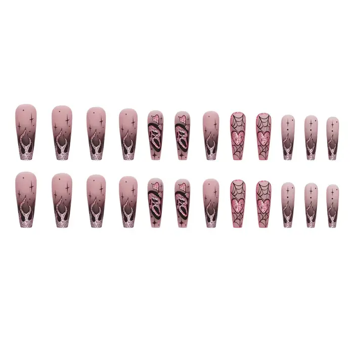 Faux ongles à paillettes roses, 24 pièces, Patch effrayant, crâne, amour, cœur, motif, ongles artifi