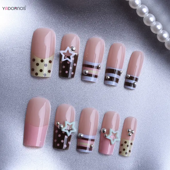 24 pièces Y2K filles charme manucure coloré français presse sur ongles rayure/point imprimé ballerin