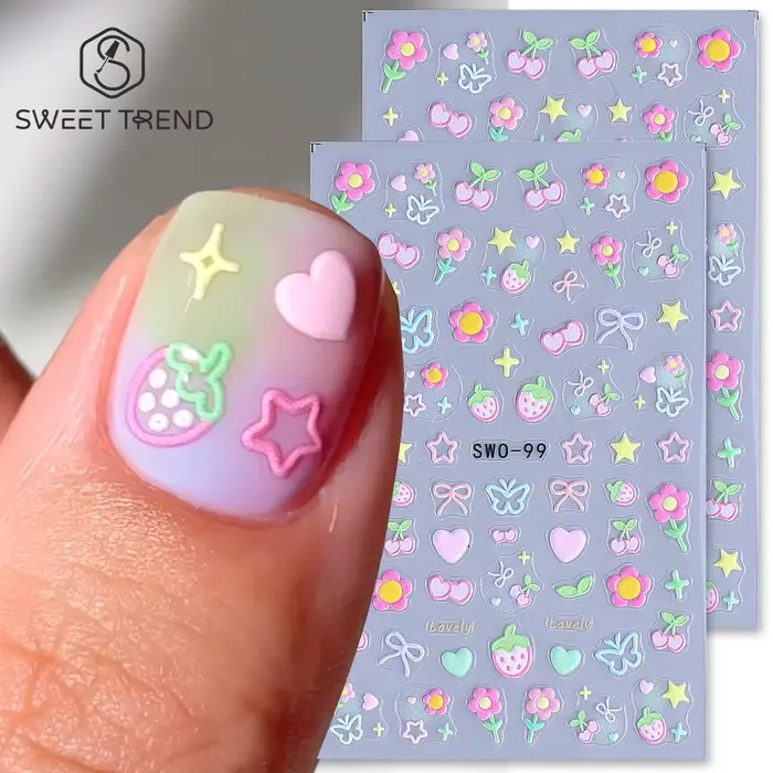 Autocollants pour Nail Art, 2 pièces, élément doux, fleur Simple, cœur, cerise, fraise, décalcomanie