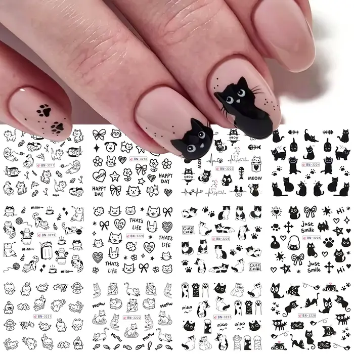 Autocollants à l'eau pour ongles chat noir, 12 modèles, décalcomanies mignonnes de dessin animé Kawa