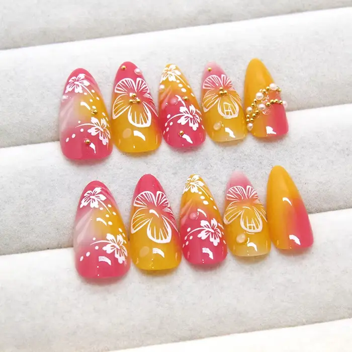 24 pièces or rose fleur presse sur ongles brillant amande automne portable faux