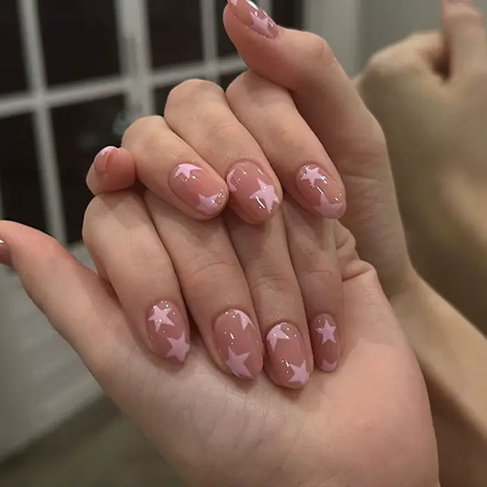 Faux ongles couleur chair, imprimé étoile rose, Y2K, breloque d'été pour filles, manucure, tête rond