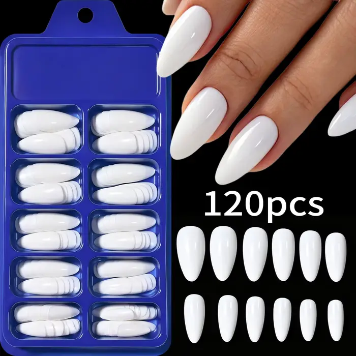 1 Boîte de 120 faux ongles brillants blanc laiteux en forme d'amande
