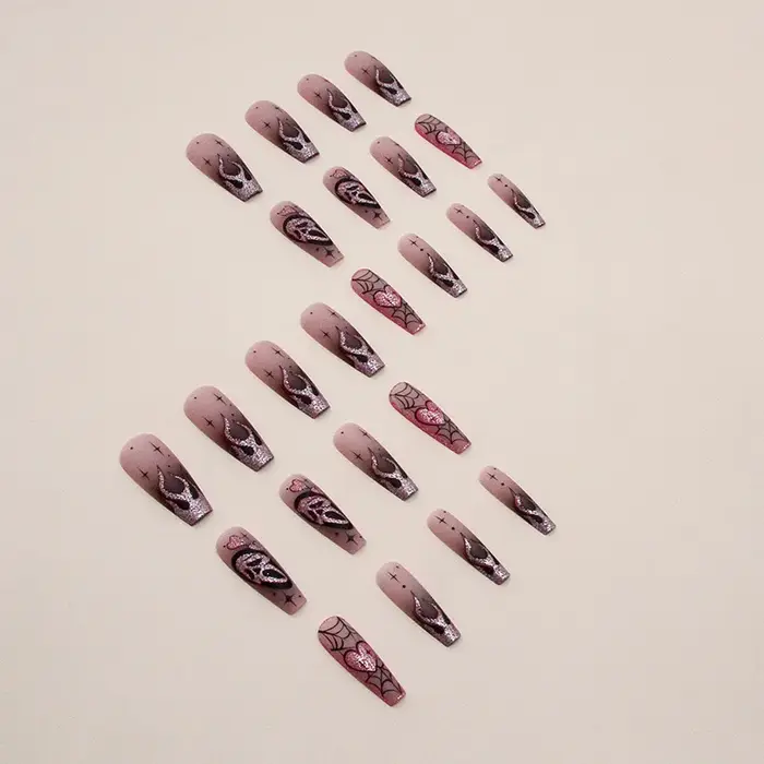 Faux ongles à paillettes roses, 24 pièces, Patch effrayant, crâne, amour, cœur, motif, ongles artifi