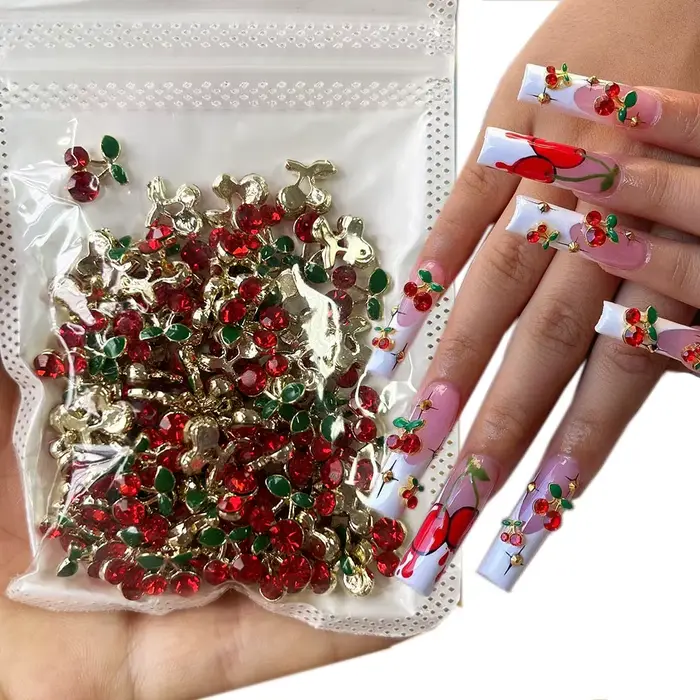 Breloques pour ongles cerise 3D, 20 pièces/sac, rouge et rose, strass, gemmes pour ongles, paillette