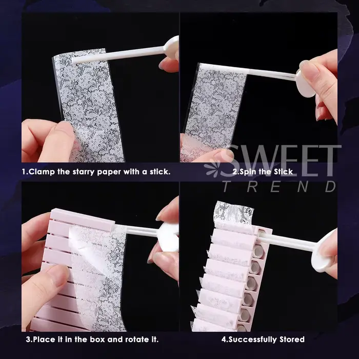 Boîte de rangement rotative pour feuilles de transfert d'ongles