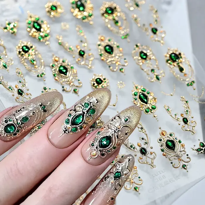 Autocollants pour ongles en pierres précieuses émeraude en relief 5D, cadre doré de luxe, fleur Baro