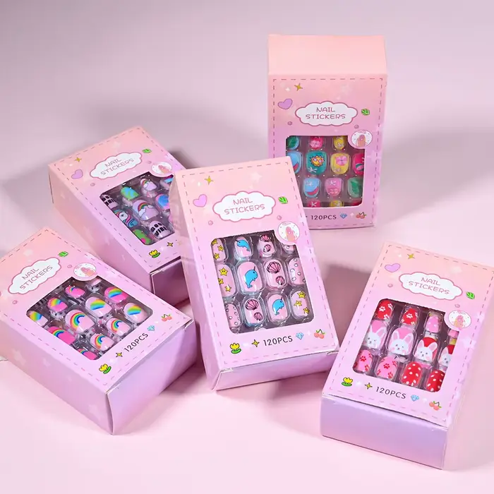 120 pièces/boîte rose dessin animé enfants presse sur ongles couleur bonbon licorne chat lapin enfan