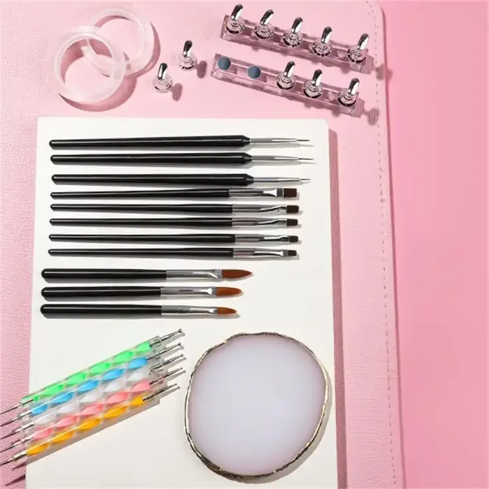 Kit de bricolage pour nail art 21 pièces – 11 pinceaux + 5 stylos à points + 2 supports magnétiques + palette + 2 rubans adhésifs – Essentiel pour salon et maison