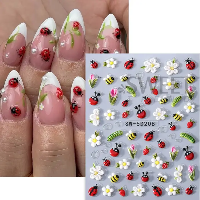 Autocollants pour ongles en relief, 1/2 pièces, motifs floraux printemps-été, abeille, coccinelle, i