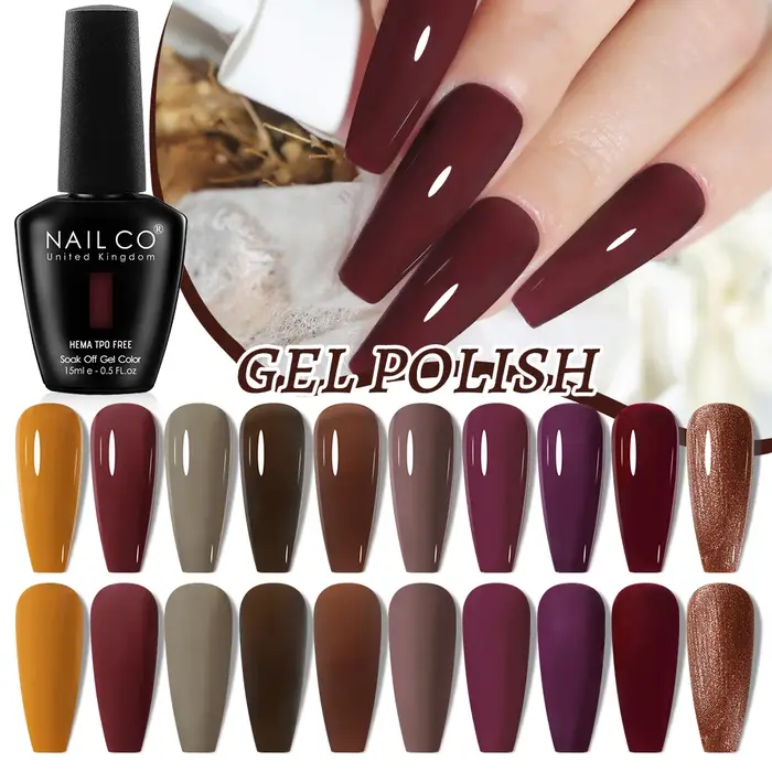 Vernis à ongles gel NAILCO 15ml, couleurs automne-hiver, sans HEMA ni TPO, longue tenue, brillant, pour nail art.