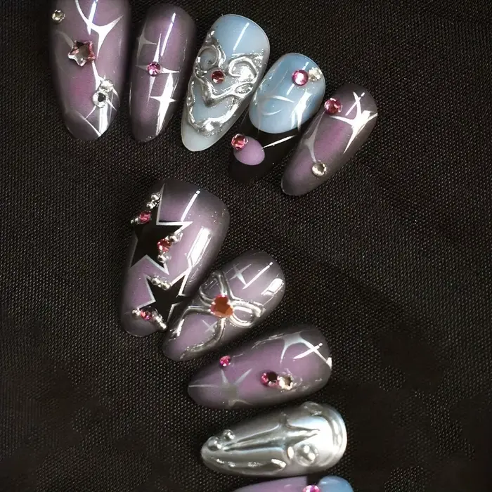 Faux ongles violet foncé, Design diamant 3d, à pression faite à la main, couverture complète, portab
