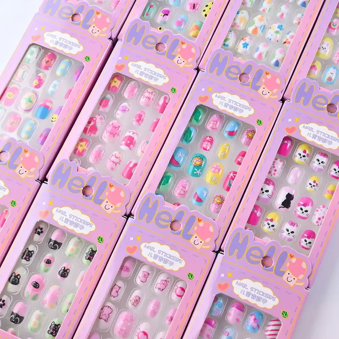 24 pièces/boîte enfants ongles pour fille dessin animé motif faux ongles mignon enfant faux ongles c