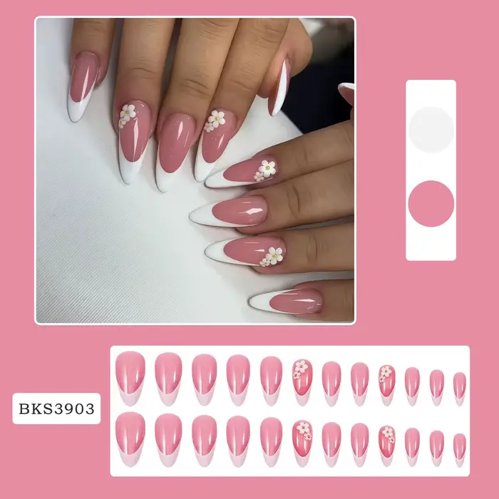 24 pièces couleur rose chair presse sur ongles amande blanc pointe française faux