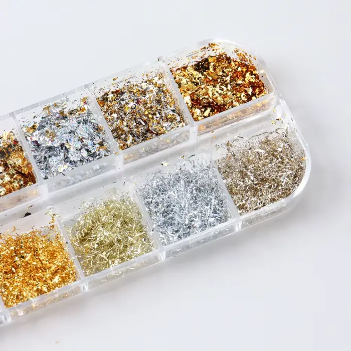 Feuilles d'or pour ongles magnifiques, 12 couleurs, paillettes aléatoires, flocons d'aluminium, puce