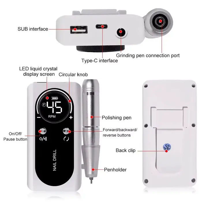 Perceuse à ongles électrique Portable professionnelle 45000 tr/min, lime de ponceuse à ongles Rechar