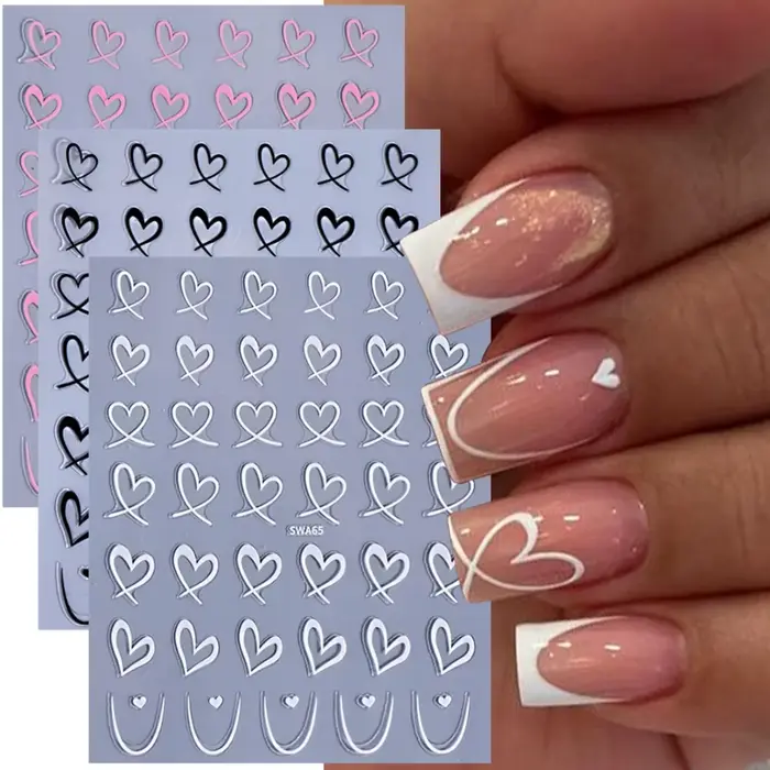 3 pièces saint valentin Nail Art autocollants 3D noir blanc rose lignes amour coeur ongles décalcomanies bricolage adhésif curseur manucure décorations
