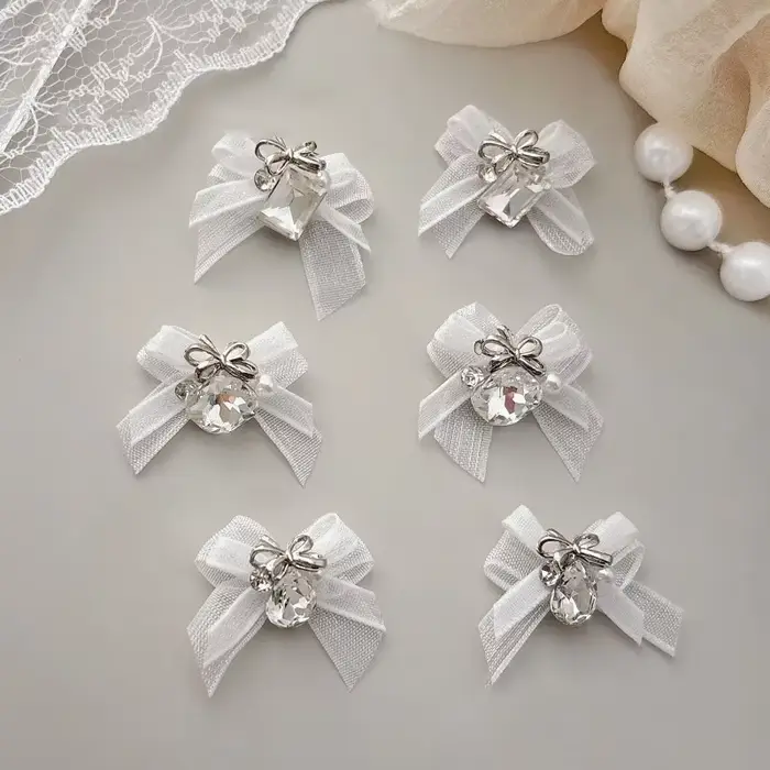5 pièces 3D Organza arc Nail Art strass accessoires blanc rose arc carré goutte d'eau diamant