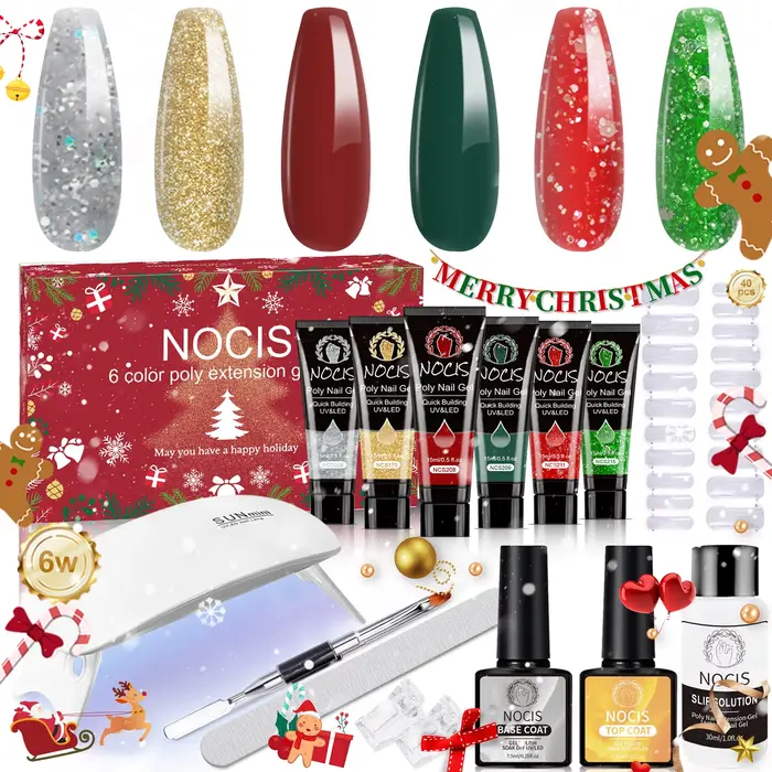 Kit de Gel Poly pour Ongles Tout-en-un 6 Couleurs 15g, Gel d'Extension, Lampe UV LED, Base Coat, Top