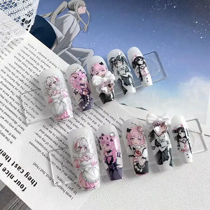 10 faux ongles faits à la main en forme de cercueil, magnifiques faux ongles, nail art mignon style 