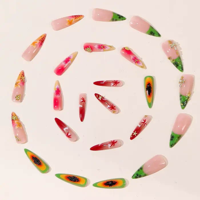 24 faux ongles à presser motif fruits tropicaux et floraux