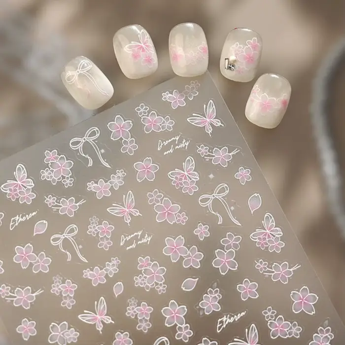 Autocollants 5D pour ongles « Chanson d'amour aux fleurs de cerisier » – Dégradé rose et blanc japonais