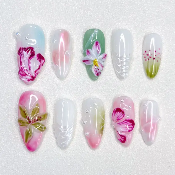 Printemps fait à la main presse sur ongles 10 pièces brillant rose 3D fleur