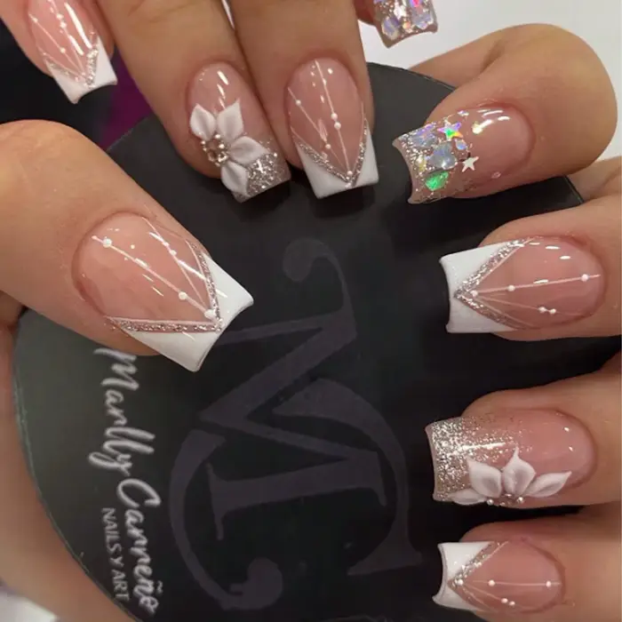 24 pièces français flash bordure blanche fleur de cerisier strass faux ongles ensemble d'ongles blan