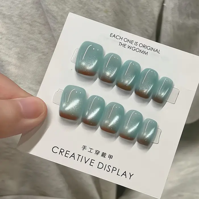 10 pièces ongles faits à la main élégant minimaliste doux et audacieux marron-bleu Ombre oeil de chat