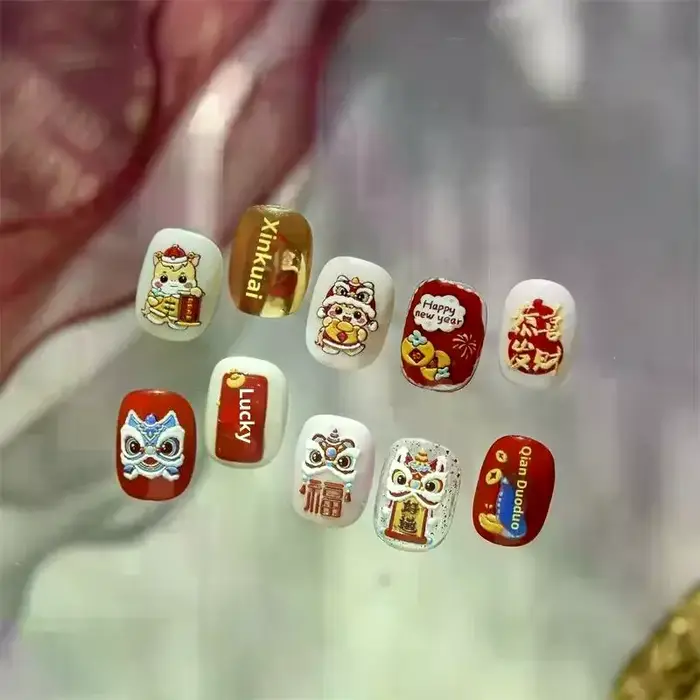 Mignon nouvel an chinois cheval année Lion danse arc Nail Art impression autocollants chanceux poney manucure décalcomanies festif en relief décor d'ongle