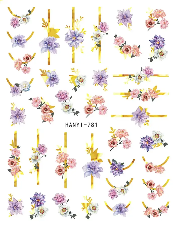 3d Nail Art décalcomanies lignes dorées Rosepink pivoine fleurs feuilles papillons autocollants pour