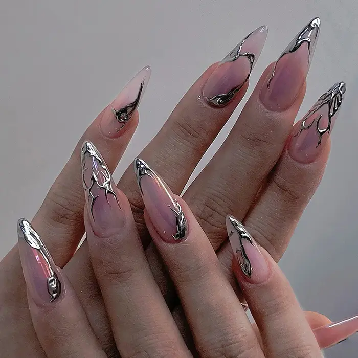 24 pièces de luxe fleur dorée lignes irrégulières amande faux ongles Simple blanc français presse