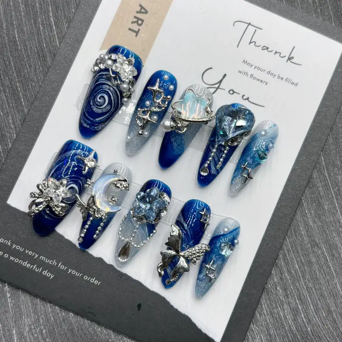 10 pièces de haute qualité à la main presse sur les ongles Simple et élégant bleu Royal profondeur d