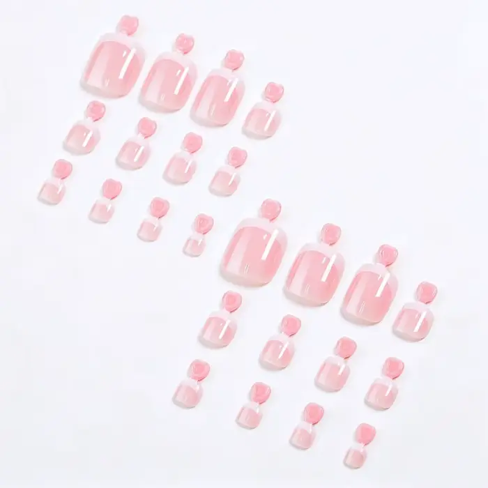 24 pièces/boîte Faux ongles de pieds roses brillants à presser, courts carrés, à couverture complète, style French blanc, portables F$5%R