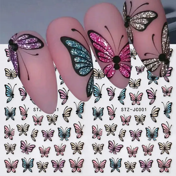 Autocollants pour ongles papillon à paillettes