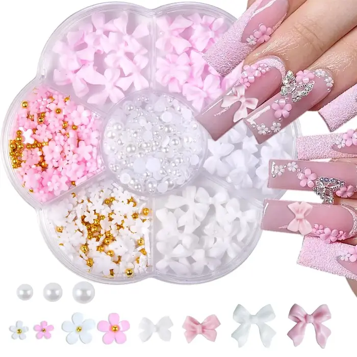 1 boîte de décorations pour ongles en forme de fleur avec nœud papillon 3D