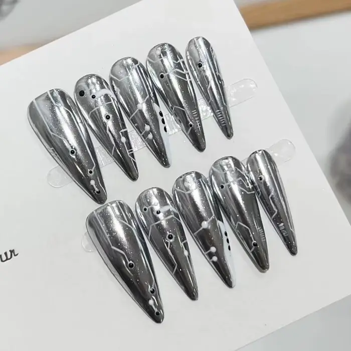 10 pièces Halloween faux ongles réutilisable longue pointe noir craquelé oeil de chat Style Punk arg