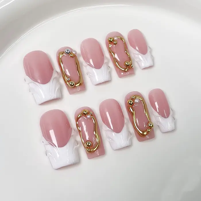 10 pièces de luxe or presse sur ongles 3D fleur faux ongles perle manucure française à la main faux 