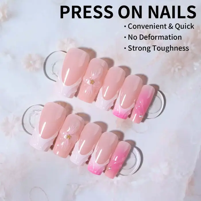 24 pièces Long carré 3D tridimensionnel Gelnail fait des ongles de fleur avec perle décorer concepti