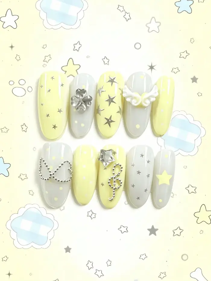 10 faux ongles en forme d'amande de longueur moyenne, de couleur jaune crème contrastant et blanc ar