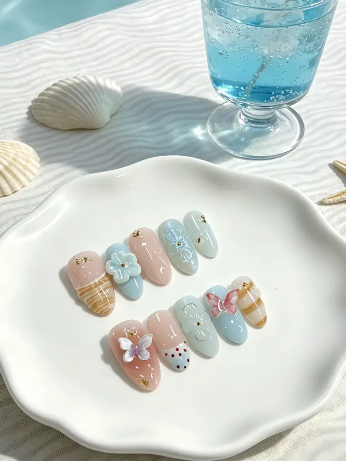10 faux ongles en forme d'amande, blanc laiteux, abricot, bleu, dégradé multicolore, avec décoration